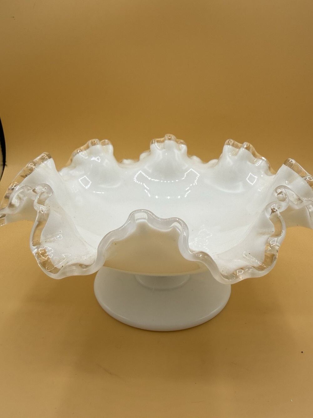 Vintage White Milk Glass Pedestal Bowl Ruffled Clear Crimped Edge 7.5”